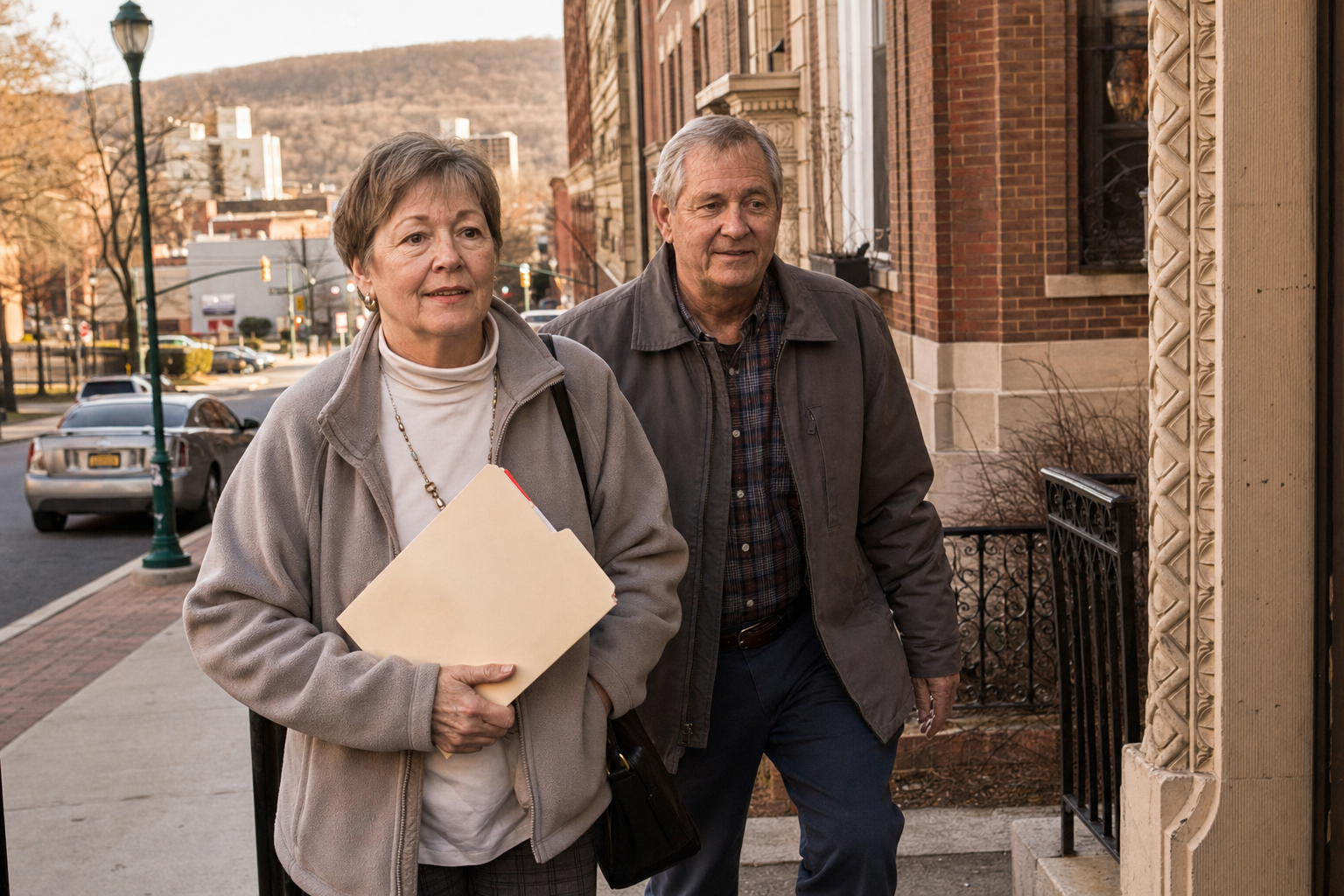 An older couple walking up to the front door of a downtown Binghamton brick apartment building, holding paperwork.